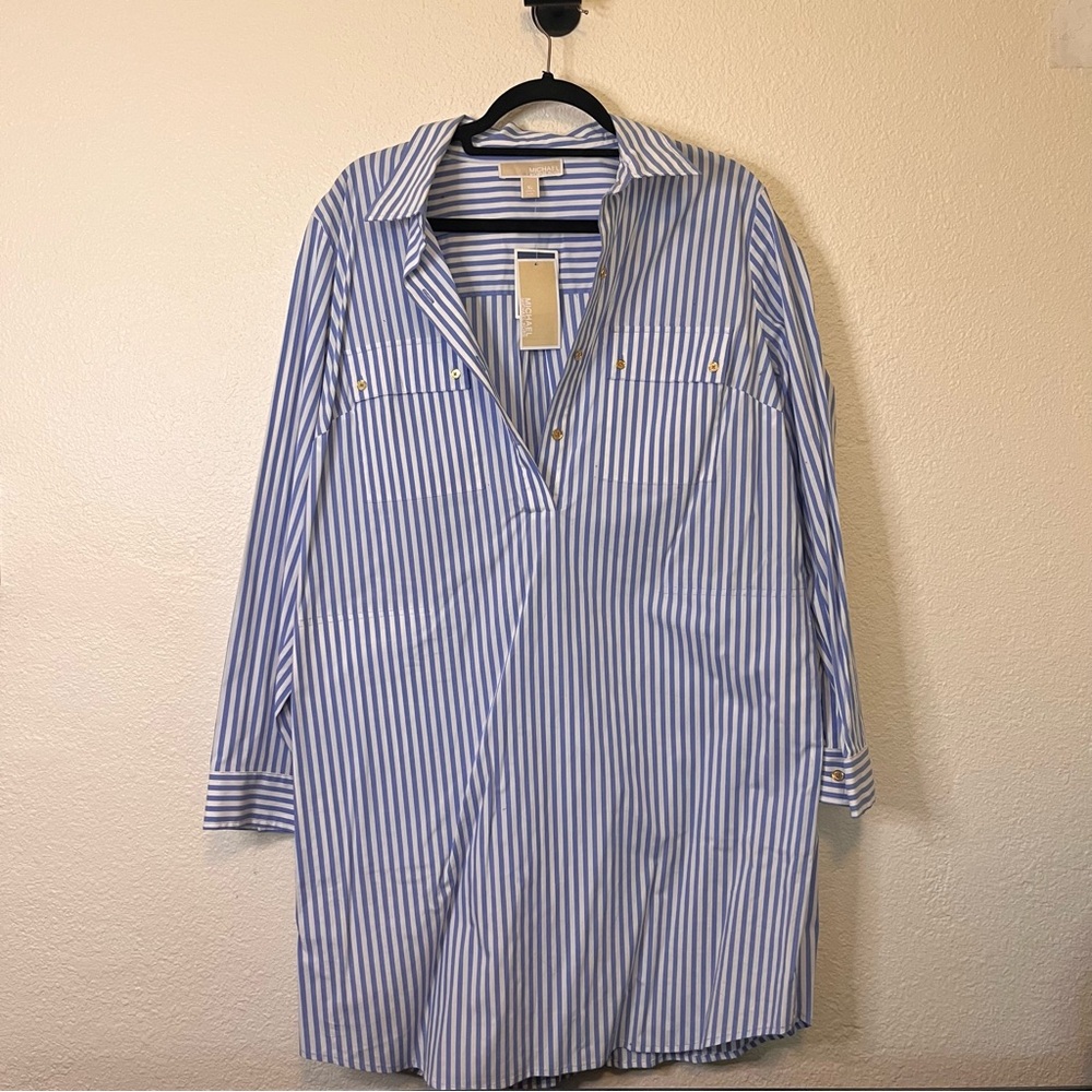NWT MICHAEL Michael Kors Blue and White Striped Shirt Dress with Pockets Size XL